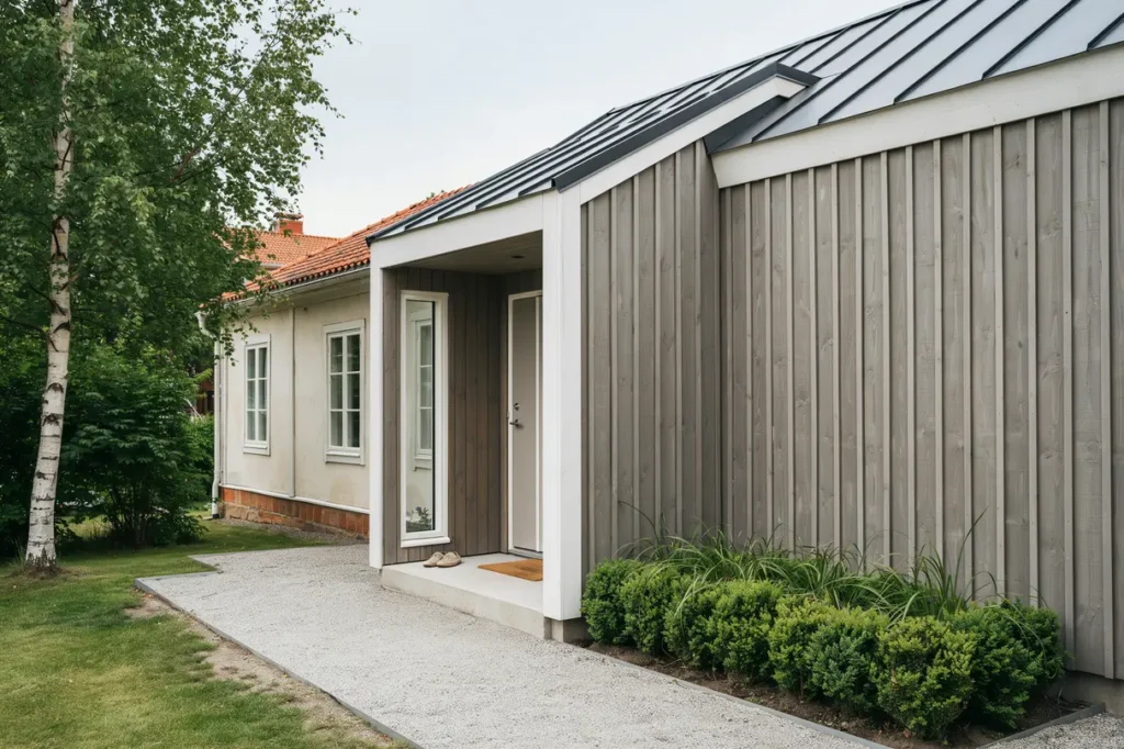 tillbyggnad av entr med kapprum och nytt yttertak i smo